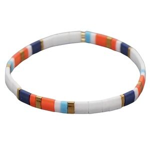 Navy and Coral Tila Beaded Stretch Bracelet